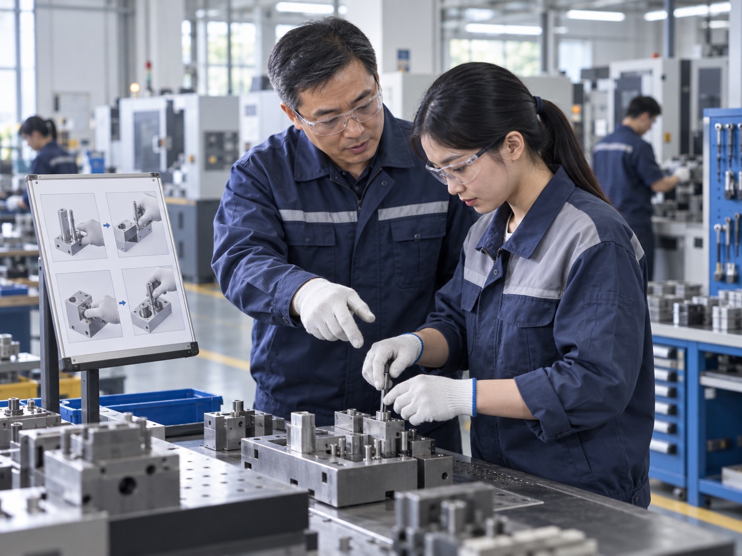 生产主管在安全作业工位指导员工学习的主题示意图